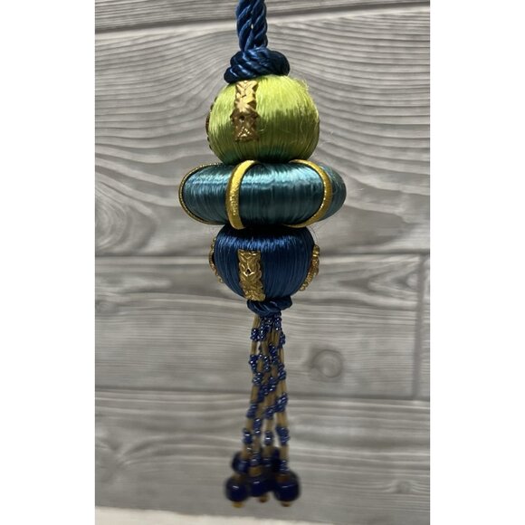 Vintage Christmas Threaded Beaded Tassel  5” Ornament Unique Blue Green Gold - Picture 4 of 8